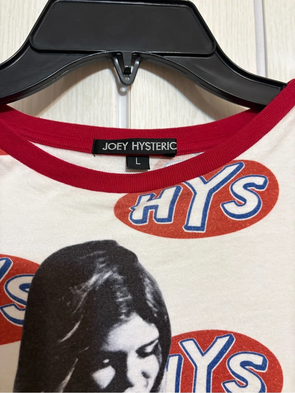 Hysteric Glamour White Tee with Red HYS Allover & Black Photo Graphic